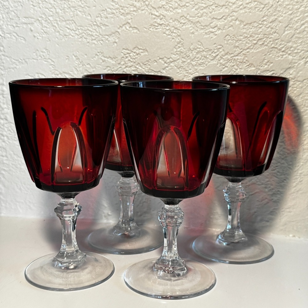 Vintage Cristal D'Arques Durand Gothic Arch Ruby Red Wine Glass 5 7/8" Set 4